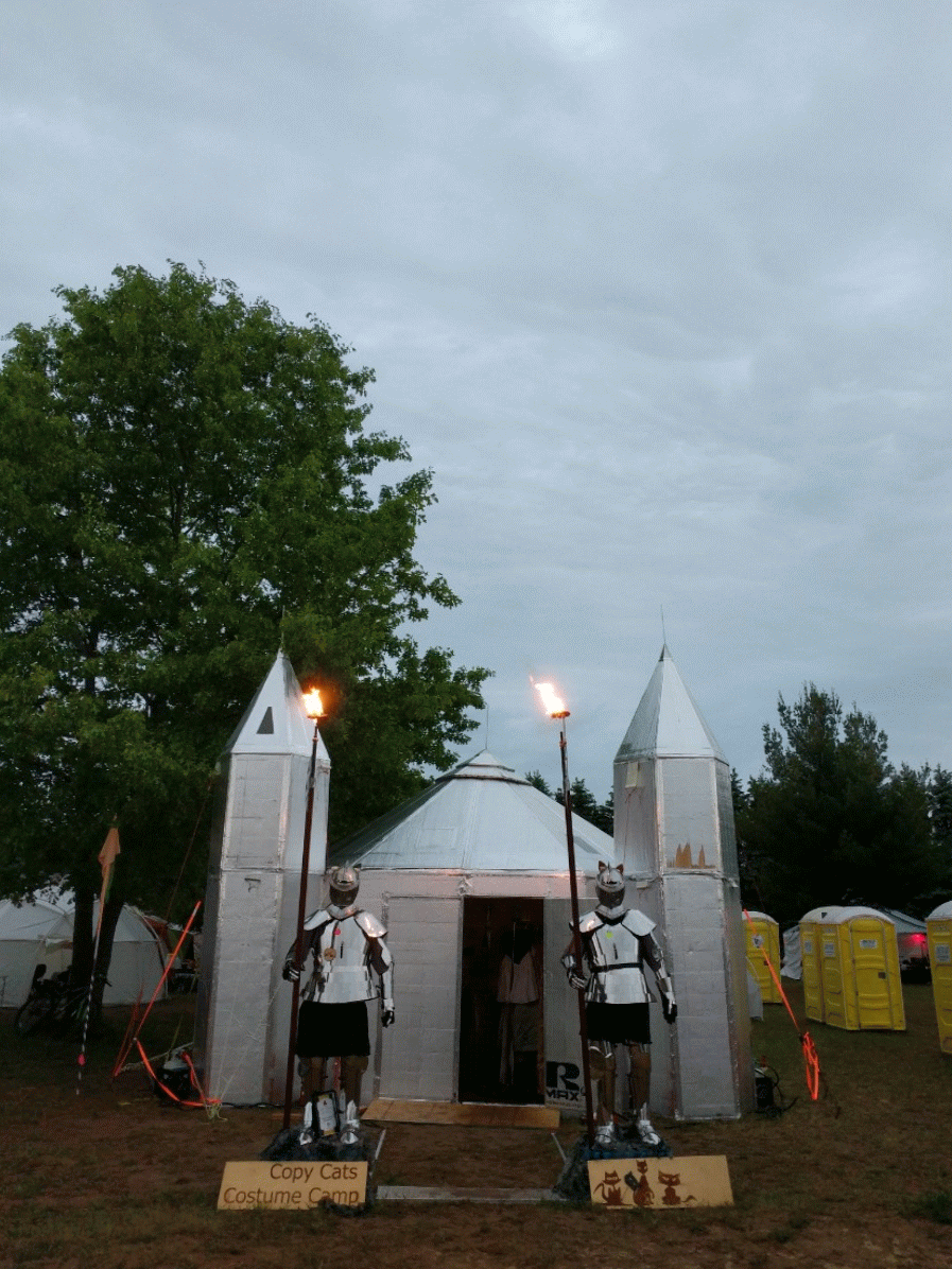 Animation of fire-belching knights standing guard outside the castle yurt